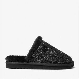 Michael Kors Slipper Janis Black Glitter House Shoes Faux Fur Slip On 6.5 7